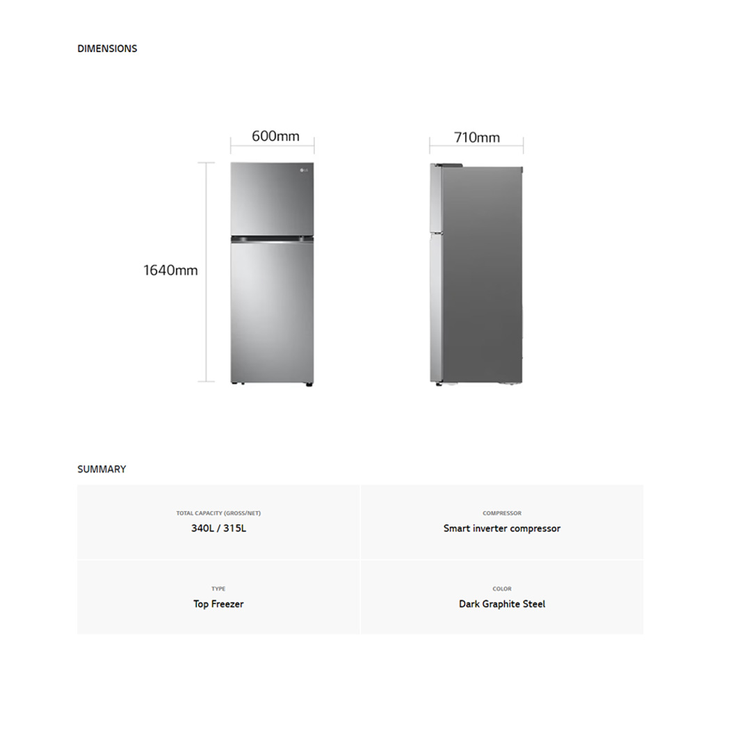 LG 340L 2 Doors Top Mount Smart Inverter Refrigerator GN-B312PQMB | Smart Inverter | Multi Air Flow | No Frost | Refrigerator with 1 Year Warranty