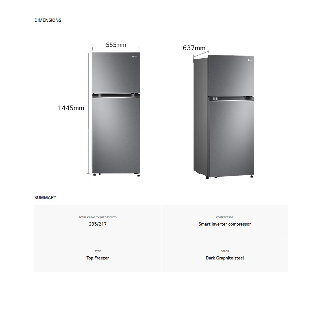 LG 235L 2 Doors Top Mount Smart Inverter Refrigerator GV-B212PQMB | Humidity Controller | Moist Balance Crisper | Multi Air Flow | Refrigerator with 1 Year Warranty