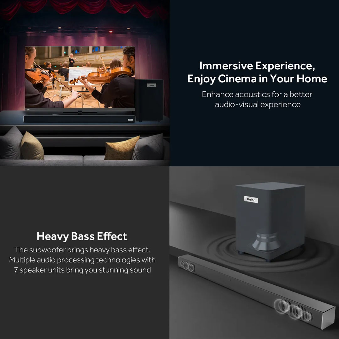 HAIER 120W Sound Bar HSD3A040B | Cinema Sound Effect | Independent Subwoofer | Easy Connection | HDMI ARC | Bluetooth |  Sound Bar with 1 Year Warranty
