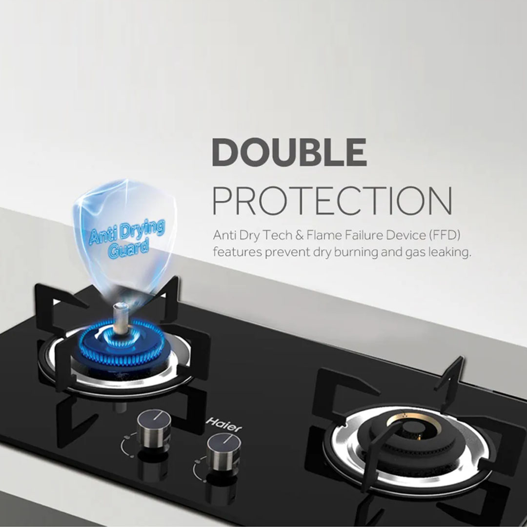HAIER 2 Burners Built-In Gas Hob JZY/T-QHA638 | Anti Dry Sensor | 8mm Tempered Glass | Copper Burner | Auto Ignition Switch | Gas Hob with 2 Year Warranty