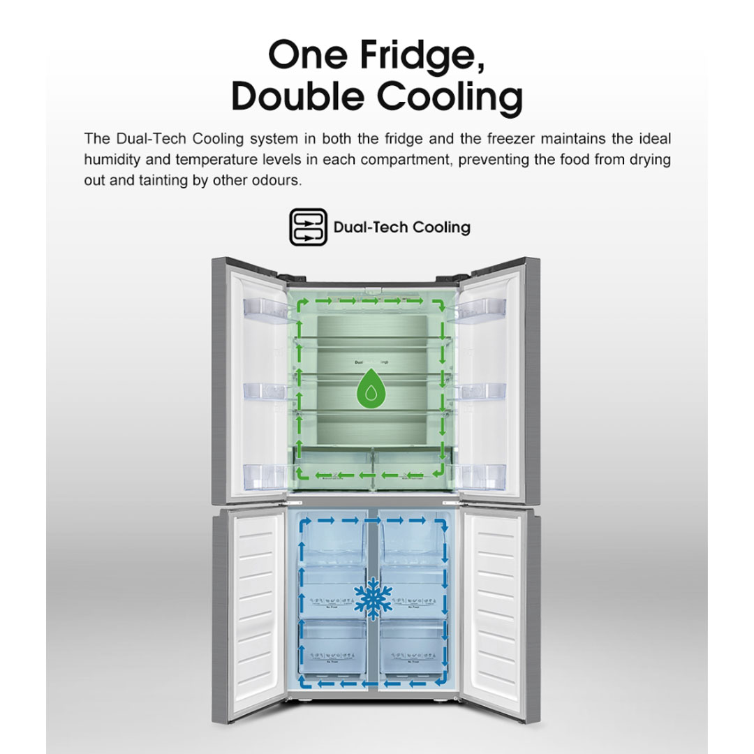 HISENSE 520L Four Doors Inverter Refrigerator RQ568N4AWU | Double Cooling | Metal-Tech Cooling | Metal Glide Drawer | Led Lighting | Refrigerator with 3 Years Warranty