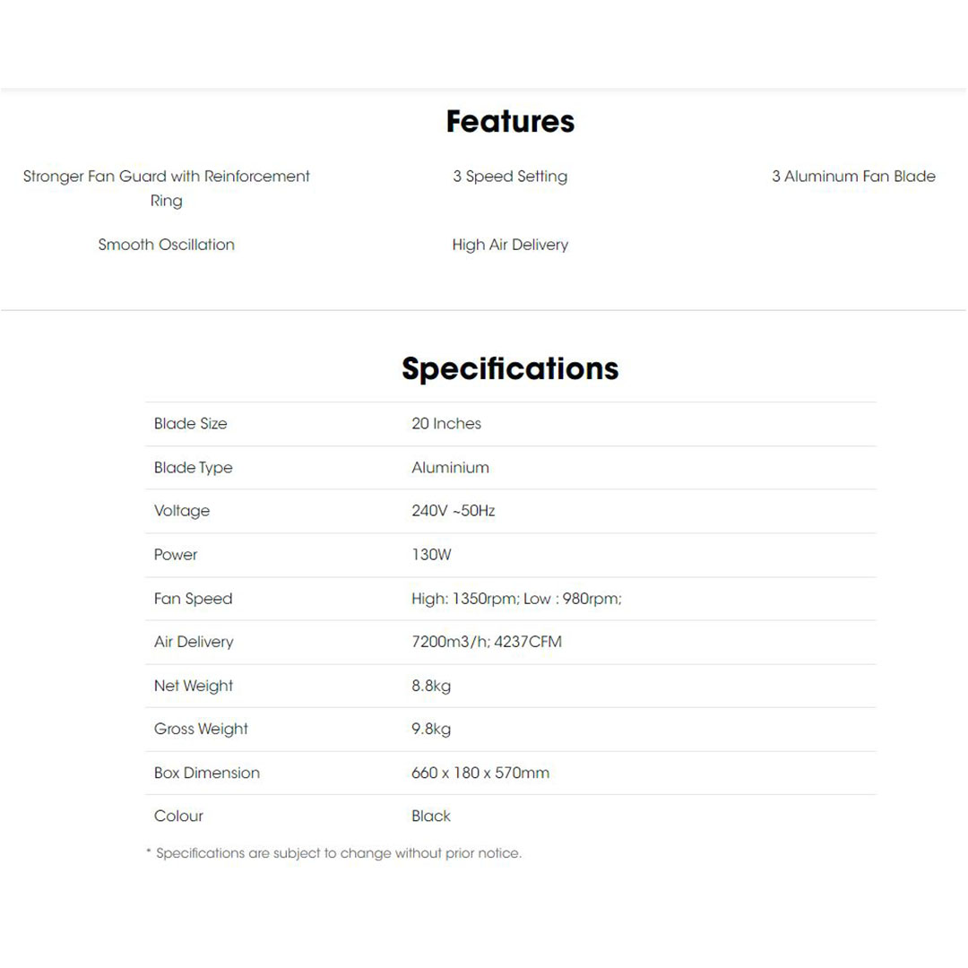 KHIND 20" Industrial Stand Fan SF2003B | 3 Speed Setting | 3 Aluminium Fan Blade | Smooth Oscillation | High Air Delivery | Stand Fan with 1 Year Warranty