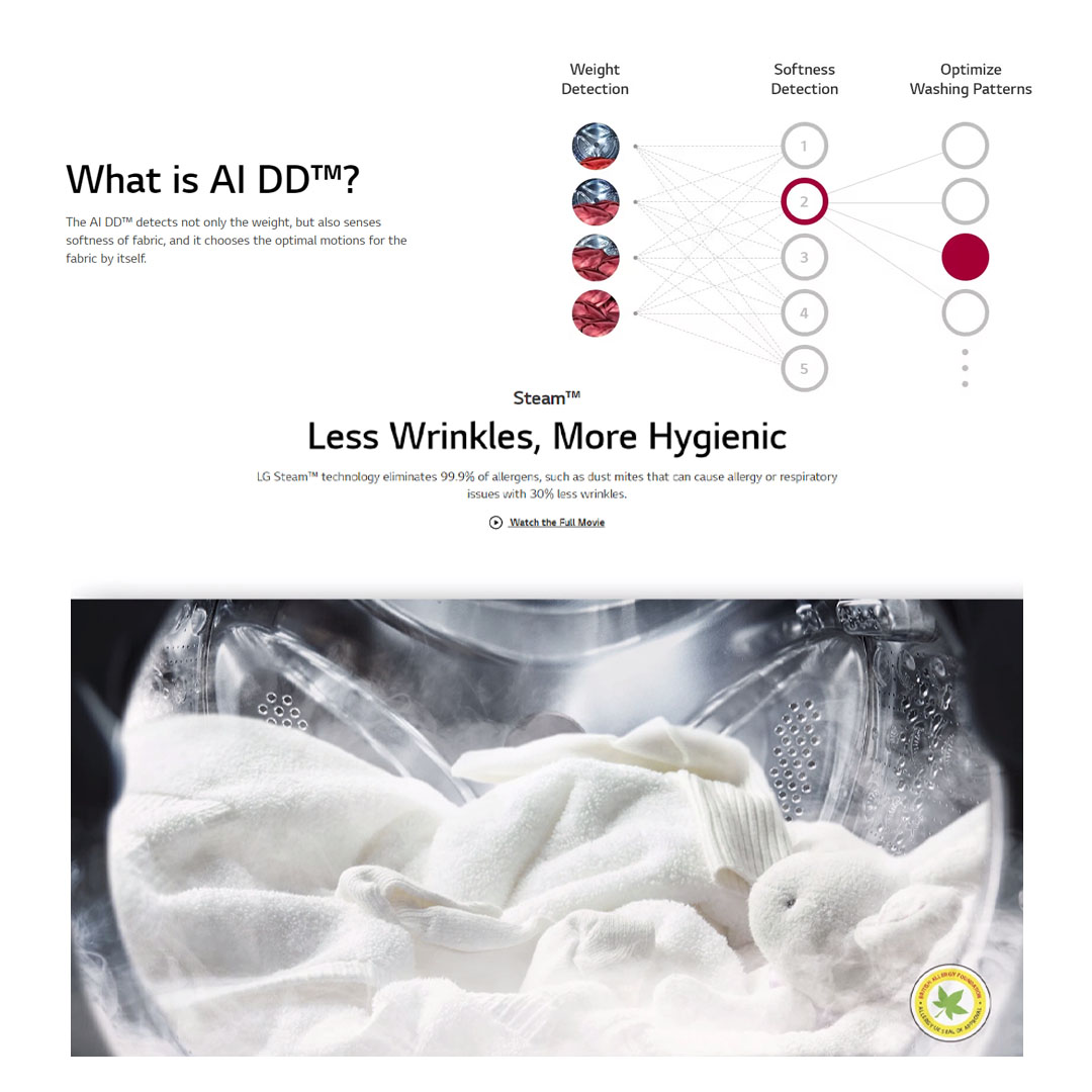 LG 9KG Front Load Washer with AI Direct Drive and Steam FV1409S4W  | Wifi | 6 Motion | Allergy Care | Quick 30 | Smart Diagnosis | Easy Care | Tub Clean | Cotton+ | Delicate | Silent Wash | Washer Dryer with 1 Year Warranty