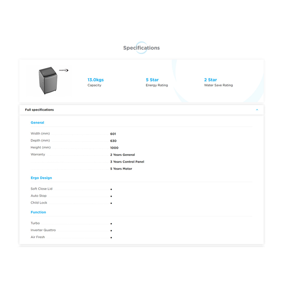 Midea 13KG Top Load Washing Machine With Inverter Quattro MA200W130D | Inverter Quattro | Easy-To-Clean Metal Lint Filter | AirFresh | Washer Dryer with  2 Years Warranty