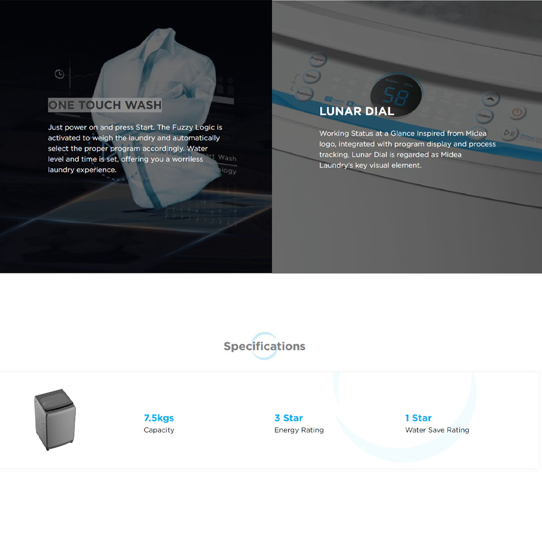 Midea 9.5KG Top Load Washing Machine MA200W95 | AirFresh | Soft Close Lid | Auto Stop | One-Touch Smart Wash | Child Lock |  Auto Clean | Hygiene+ | Deep Clean | Turbo | Lunar Dial | Washing Machine with 2 Year Warranty