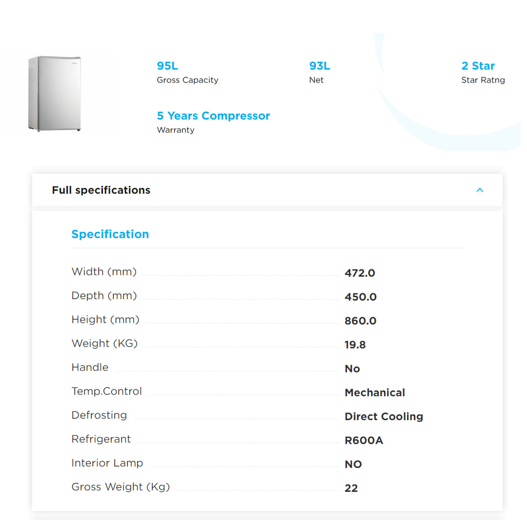 Midea 96L Single Door Refrigerator MDRD142FGD | Reversible Door | Adjustable Leg | Energy Saving | Mechanical Temperature Control | Separate Chiller Compartment | Refrigerator with 1 Year Warranty
