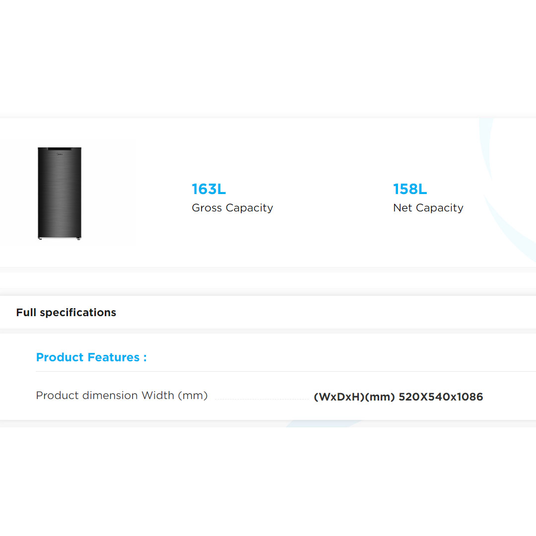 Midea 163L Single Door Refrigerator MDRD229FGD42-MY |  Larger Storage Compartment | Easy to Defrost without Oddor | Plastic Tray | Handle Cap | Temperature Control Position | Handle Cap | Freezer Compartment | Refrigerator with 1 Year Warranty