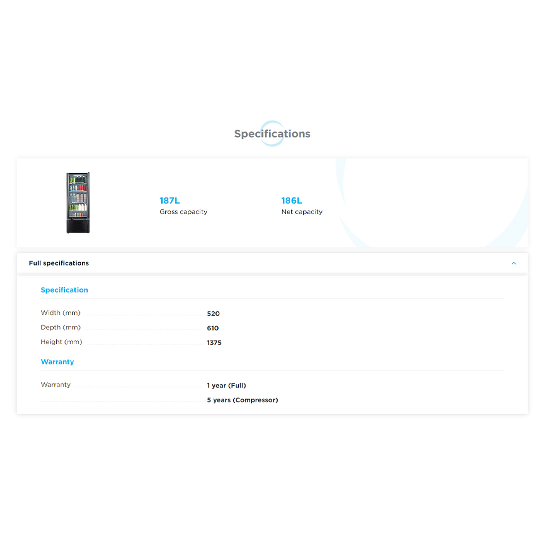 Midea 187L Showcase  MSC-186BE | Hollow Tempered Glass | Recessed Handle | Multi-Layer Shelf | 1 Year Warranty