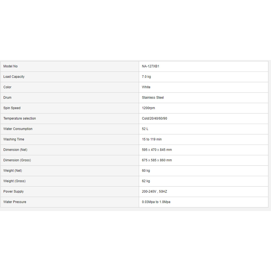 Panasonic 7KG Front Load Washing Machine NA-127XB1 | Big Led Display | Double Hygiene with Cold / Hot Wash | 99.99% Allergen & Bacteria Elimination for Delicate Skin | Washing Machine With 1 Year Warranty