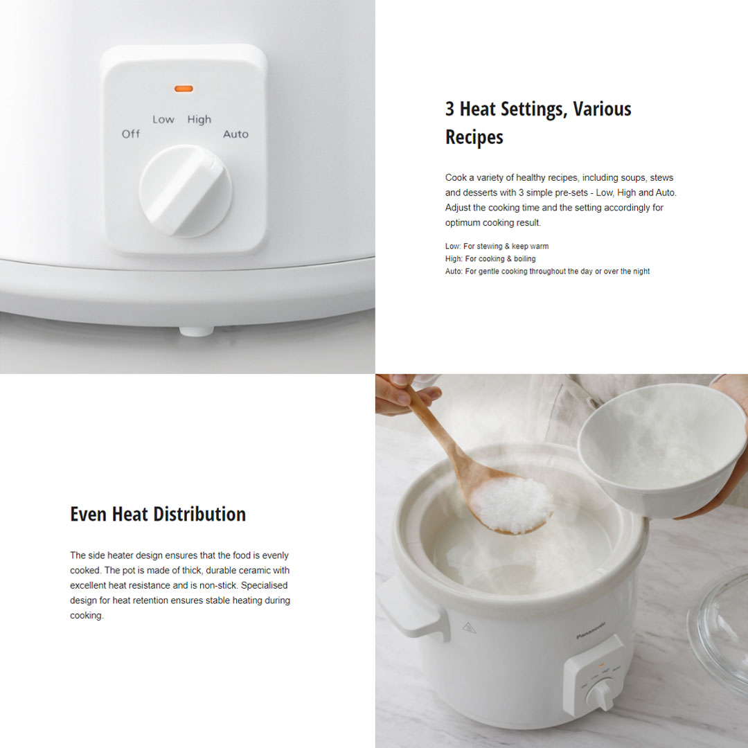 Panasonic 3L Slow Cooker NF-N31AWSK | 3 Heat Settings | Various Recipes | Easy To Clean | High Quality Ceramic Pot | Slow Cooker with 1 Year Warranty