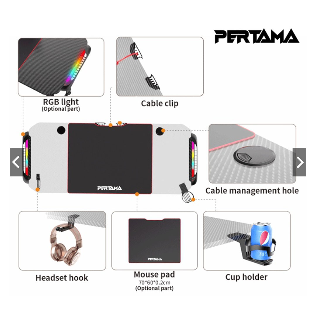 Pertama A1 Gaming Desk Gaming Table | Non-slip Carbon Fiber Tabletop | Dimension: 140 X 60 X 75 CM | With Headset Hook & Cup Holder | Gaming Table with 2 Years Warranty