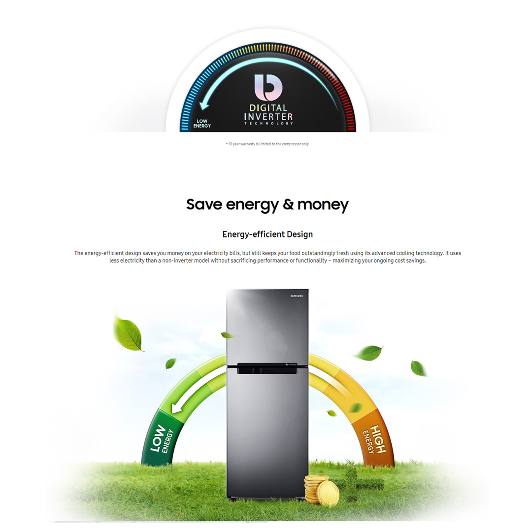 SAMSUNG 220L 2 Doors Top Mount Digital Inverter Refrigerator RT19M300BGS/ME | All-Around Cooling | Less Energy Consumption | Less Noise | No Frost | Refrigerator with 1 Year Warranty