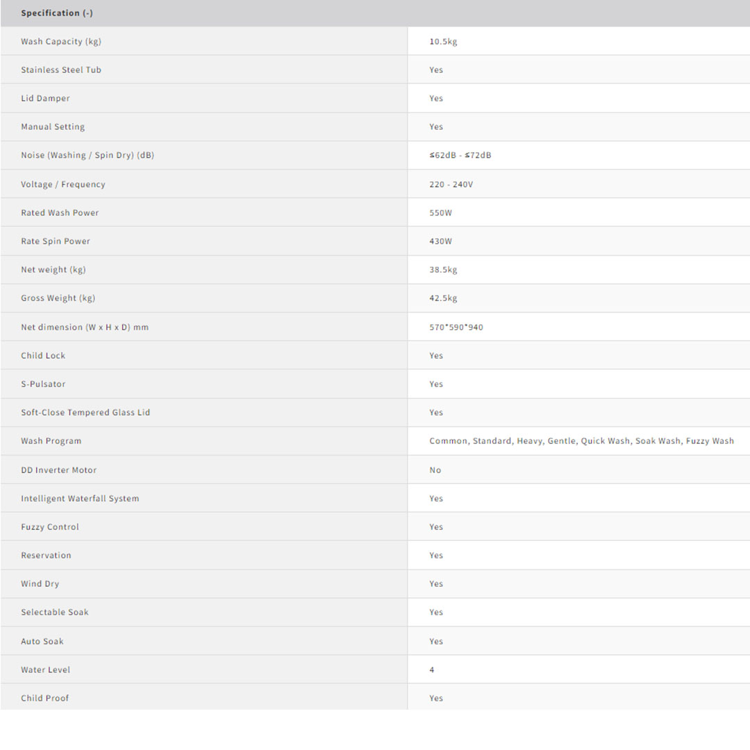 Sharp 10.5KG Top Load Washing Machine ESX1021 | Fuzzy Control | Intelligent Water Fall System | Smart Filter | Soft-Close Tempered Glass | SS Drum | Tub Cleaning | Child Lock | Washing Machine with 2 Year General Warranty & 10 Year Motor Warranty