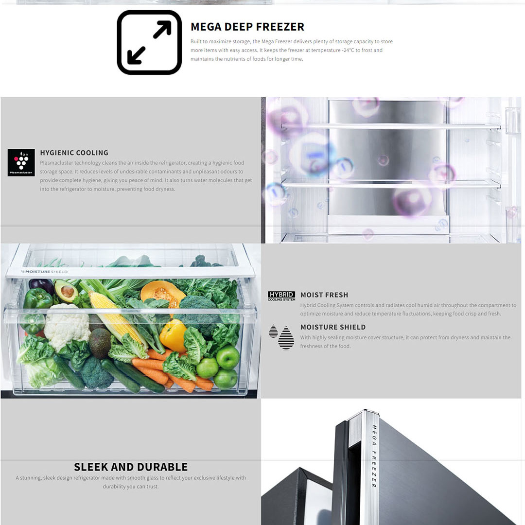 Sharp 610L 2 Doors Top Mount J-Tech Inverter Pelican Refrigerator SJP682MFGK | Plasmacluster Ion Technology | Hybrid Cooling System | AG CU Nano Deodoriser | Express Freezing | Refrigerator with 1 Year General & 12 Year Motor Warranty