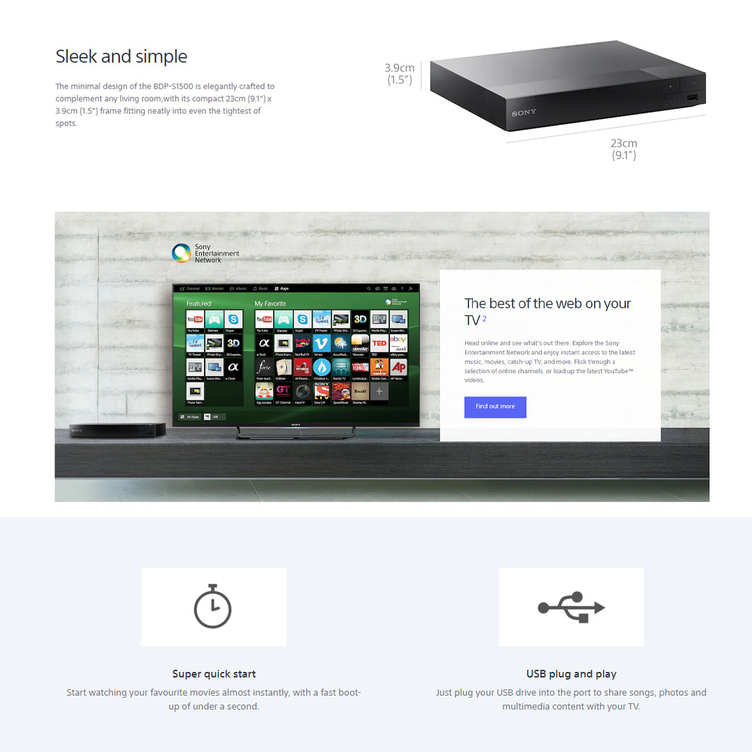 SONY Blu-ray Disc™ Player BDP-S1500 | NTSC/PAL | HDMI | Child Lock | U