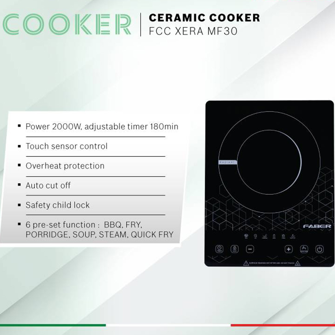 FABER 2000W Ceramic Cooker FCC XERA MF30 | One Ceramic Cooker | Auto Cut Off | Heat Protection  | Safety lock | Touch Sensor | Control Panel |  6 Function | Cooker with 1 Year Warranty