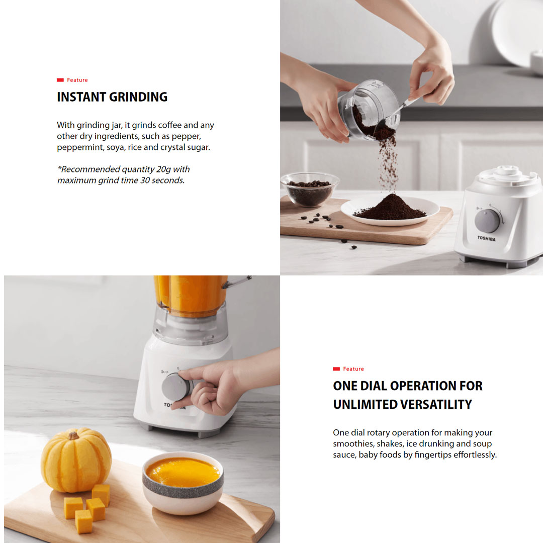 TOSHIBA 1.5L Jug Blender BL-60PHNMY | 600W Motor | Simple 2 Speed Knob | Safety Lock | Auto Protect | Antiflow Lid | Fine Cutting | Blender with 1 Year Warranty