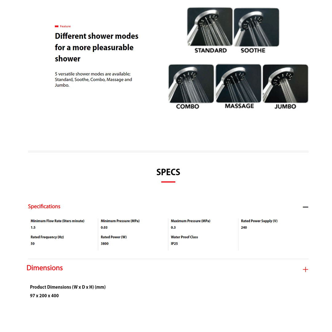 TOSHIBA DC Pump Water Heater DSK38S3MW  | Safeguards System | 5 Versatile Shower Mode | Double Relay Safety Protection | Different Shower Modes | Water Heater with 1 Year Warranty