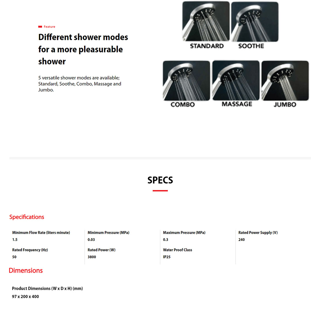 TOSHIBA Non Pump Water Heater DSK38S5MW  |  5 Versatile Shower Mode  |  Water Heater with 1 Year Warranty