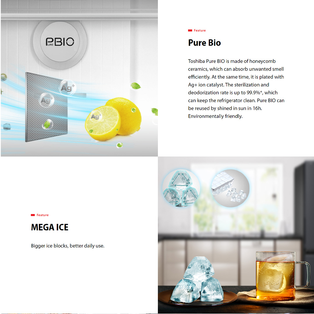 TOSHIBA 380L 2 Doors Bottom Mount Inverter Refrigerator GR-RB410WE-PMY(37) | Water Dispenser | Folded Shelf | Electronic Control | Mega Ice | Refrigerator with 1 Year Warranty