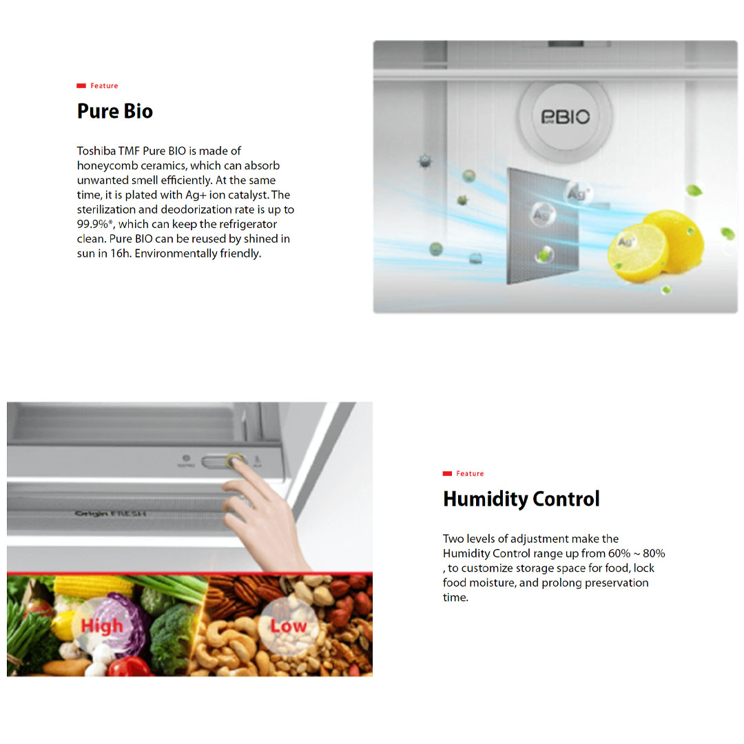 TOSHIBA 530L 2 Doors Inverter Refrigerator GR-RT624WE-PMY(37) | AirFALL Cooling | Origin Inverter | Humidity Control | Refrigerator with 1 Year General & 12 Year Compressor Warranty