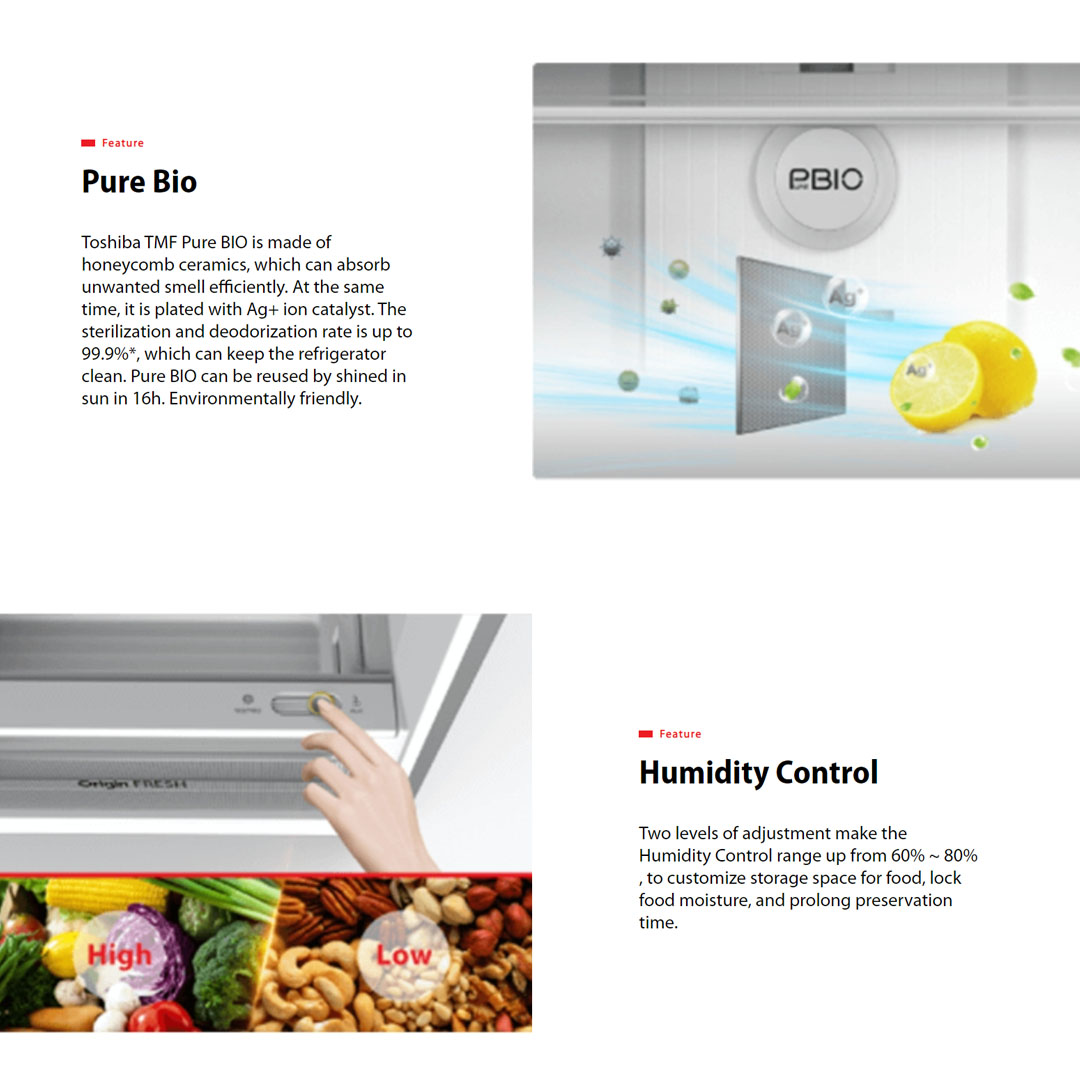 TOSHIBA 530L 2 Door Top Mount AirFALL Cooling Origin Inverter Refrigerator GR-RT624WE-PGY(22) | Electric Control | Pure Bio | Humidity Control | Cooling Zone | Cool Air Wrap | Quick Freezing Mode | Refrigerator with 1 Year General & 12 Year Motor Warranty