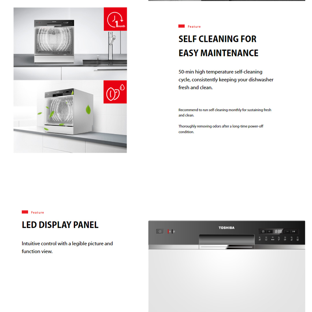 TOSHIBA 8 Place Setting Standing Dishwasher DW-08T1(S)-MY | Self Cleaning For Easy Maintenance | LED Display Panel | Standing Dishwasher with 1 Year Warranty