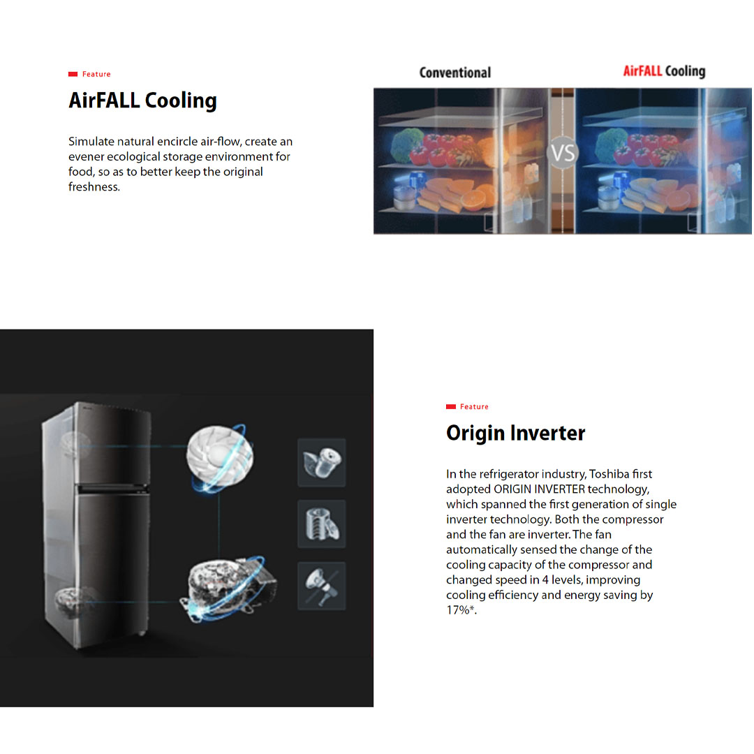 TOSHIBA 400L 2 Doors Top Mount AirFall Origin Inverter Refrigerator GR-RT468WE-PMY(06) | Cooling Zone | Pure Bio | Humidity Control | Eco Mode | Quick Freezing Mode | Cool Air Wrap | Refrigerator with 1 Year Warranty