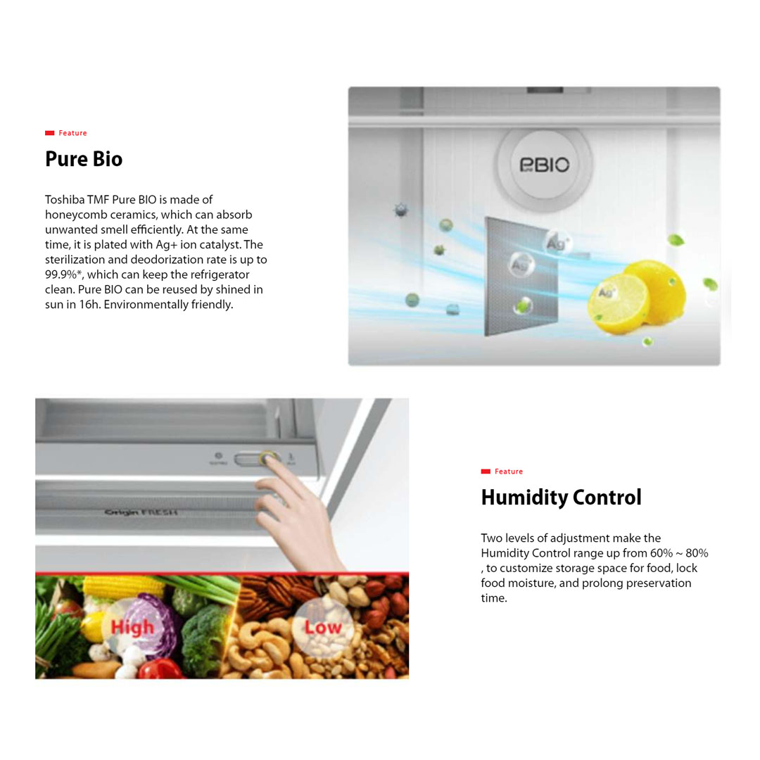 Toshiba 490L 2 Doors Top Mount AirFall Origin Inverter Refrigerator GR-RT559WE-PMY(06) | Pure Bio | Humidity Control | Electric Control | Cooling Zone | Origin Inverter | AirFALL Cooling | Refrigerator with 1 Year Warranty
