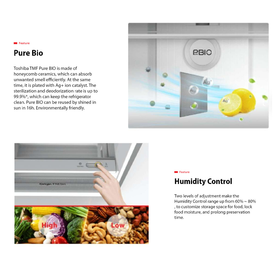 Toshiba 530L 2 Doors Top Mount AirFall Origin Inverter Refrigerator GR-RT624WE-PMY(06) | Pure Bio | Humidity Control | Electric Control | Cooling Zone | Origin Inverter | AirFALL Cooling | Refrigerator with 1 Year Warranty
