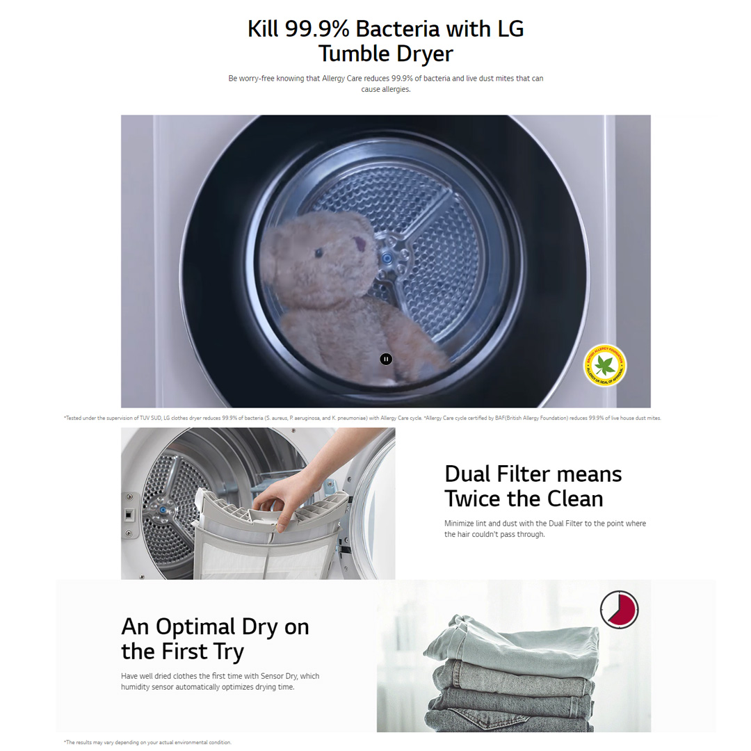 LG 9KG Front Load Heatpump Dryer with Dual Inverter and Auto Cleaning Condenser VD-H9066WS | Quick Dry | LG ThinQ™ | Wi-Fi | Dryer with 1 Year Warranty