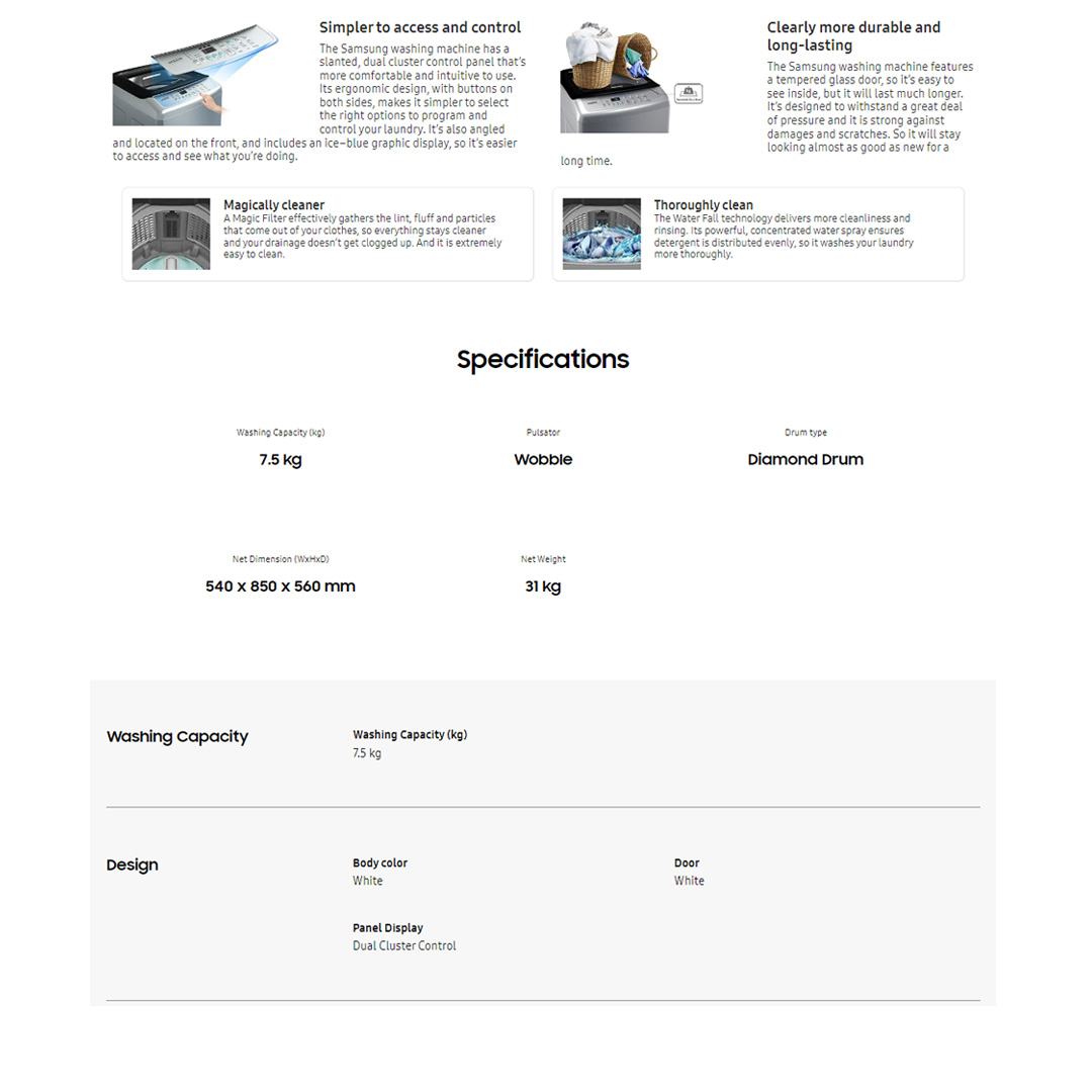 SAMSUNG 7.5KG Top Load Washing Machine with Magic Filter WA75H4200SW/FQ  | Diamond Drum | Air Turbo | Auto Restart | Ac Motor | Washing Machine With 1 Year Warranty