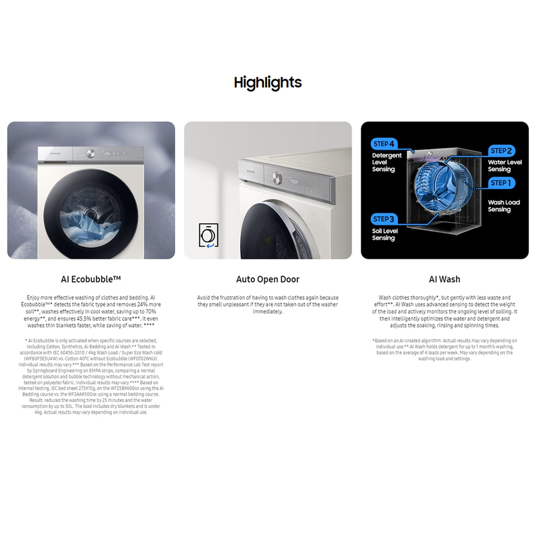 SAMSUNG 24KG BESPOKE Front Load Washer with AI Wash WF24B9600KV/FQ | AI Wash | AI Control | Auto Open Door | AI Eco Bubble™ | Hygiene Steam | Washer with 1 Year Warranty