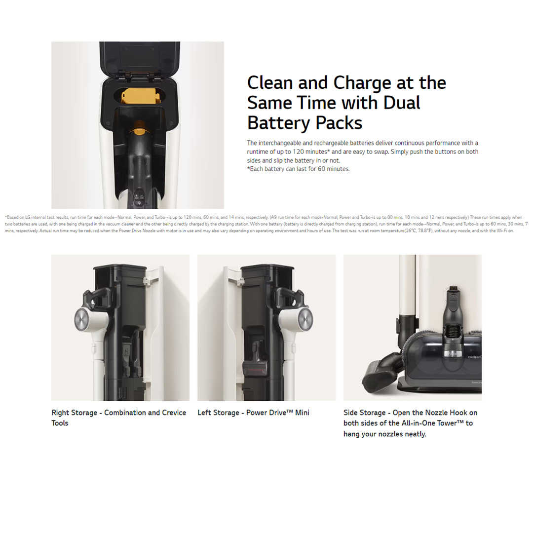 LG 590W CordZero A9Komp with All-in-One Tower Vacuum-Mop A9T-Max | Smart Inverter Motor | 5 step Filtration | Dual Battery Packs | Stick Vacuum with 2 Year Warranty