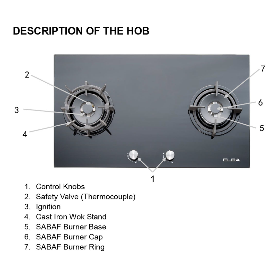 ELBA 2 burners Built-In Glass Hob EGH-E9522G(GR) | Original Italian SABAF Burner | Cast Iron Pan Support | Embraced Aluminium Frame Protection | Hob with 1 Year Warranty