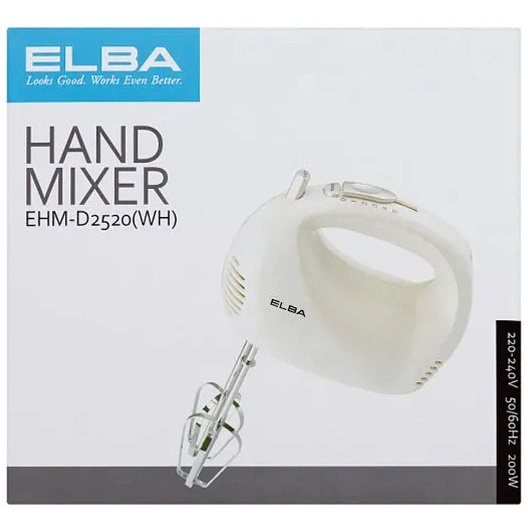 ELBA 200W Hand Mixer EHM-D2520(WH) | Included Beaters and Dough Hooks | Turbo Function | 5 Speeds | Eject Function | Hand Mixer with 1 Year Warranty