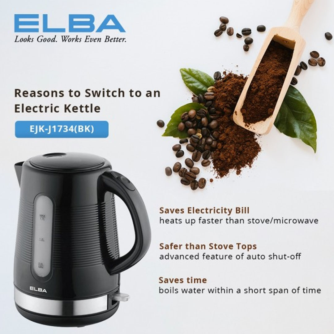 ELBA 1.7L Kettle EJK-J1734(BK) | UK Imported Otter Temperature Controller | Automatic Boiling & Switch Off | Dry Boiled Protection | Kettle with 1 Year Warranty