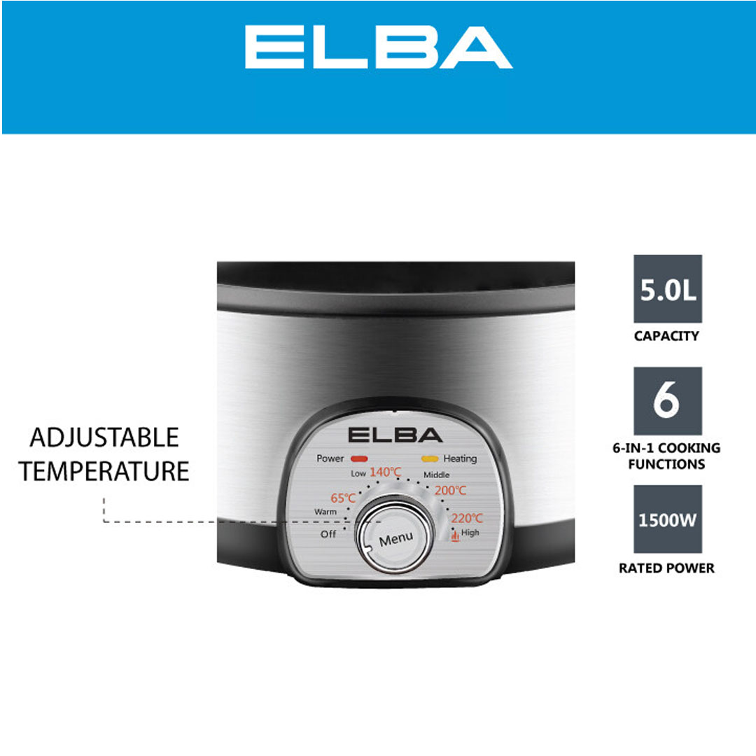 ELBA 5L Multi Cooker EMC-K5010(SS) | 6-in-1 Cooking Function | Power : 1,500W | Comes with Steam Tray | Removable Non-stick Inner Pot | Multi Cooker with 1 Year Warranty