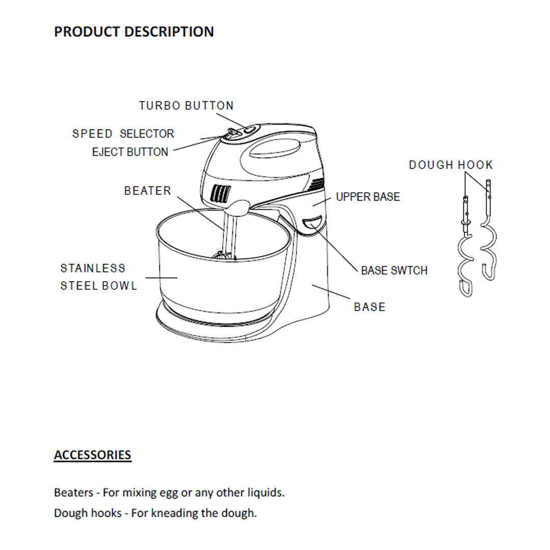 ELBA 4.2L Stand Mixer ESMB-9925S | Included Beaters, Dough Hooks, Stainless Steel Stand Bowl | Turbo Function | Eject Function | Stand Mixer with 1 Year Warranty