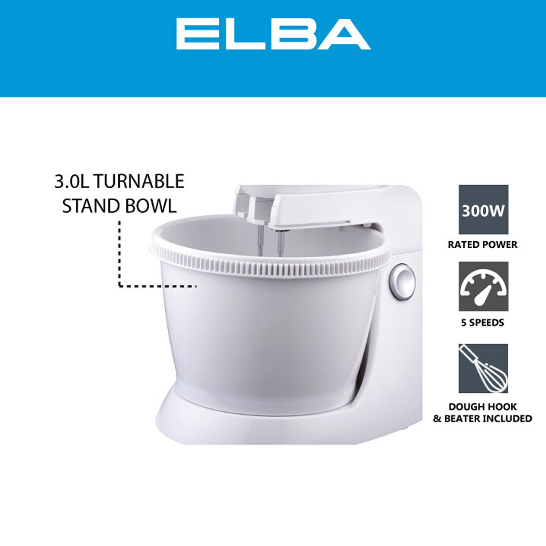 ELBA 3L Stand Mixer ESMB-E3030(WH) | With Turnable Stand Bowl | 5-speed | Included Beaters, Dough Hooks, Stand Bowl | Stand Mixer with 1 Year Warranty