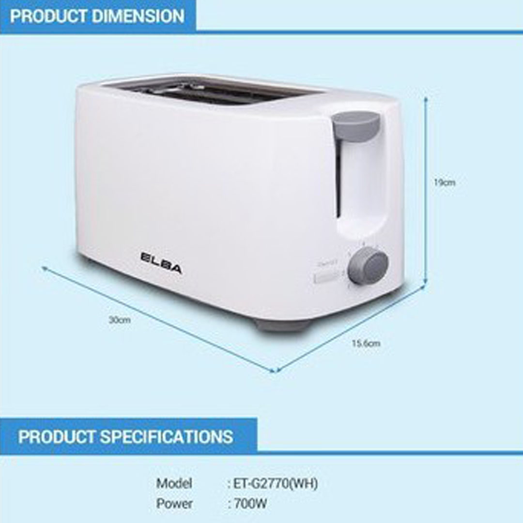 ELBA 2 Slice Bread Toaster ET-G2770(WH) | 7 Browning Level | Auto Pop-up | Crumb Tray | Cancel Function | Bread Toaster with 1 Year Warranty