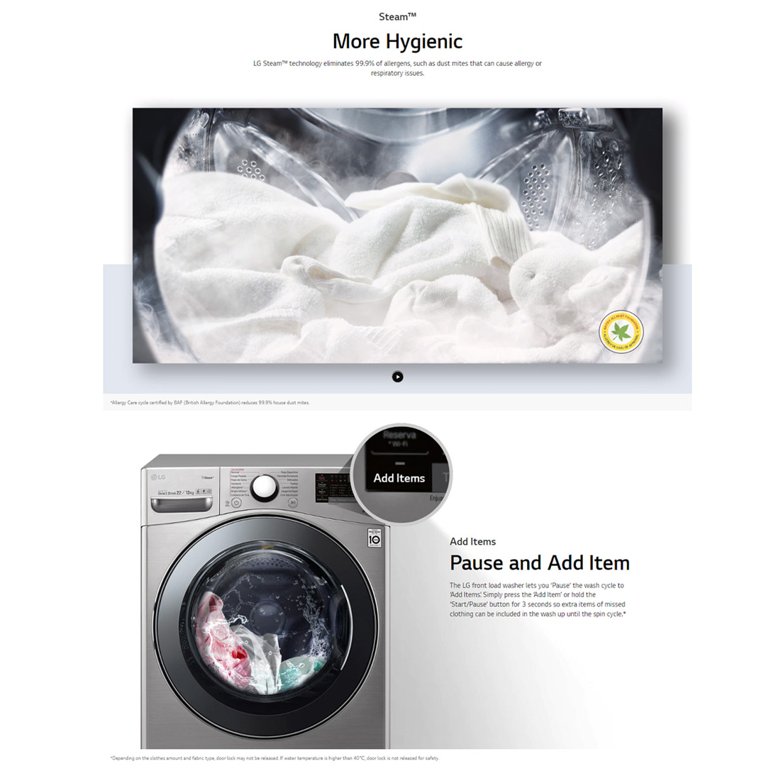 LG 20KG/10KG Front Load Washer Dryer with Direct Drive Inverter and Steam F2720RVTV | 6motion DD | TurboWash™ | Steam™ | Washer Dryer with 1 Year Warranty