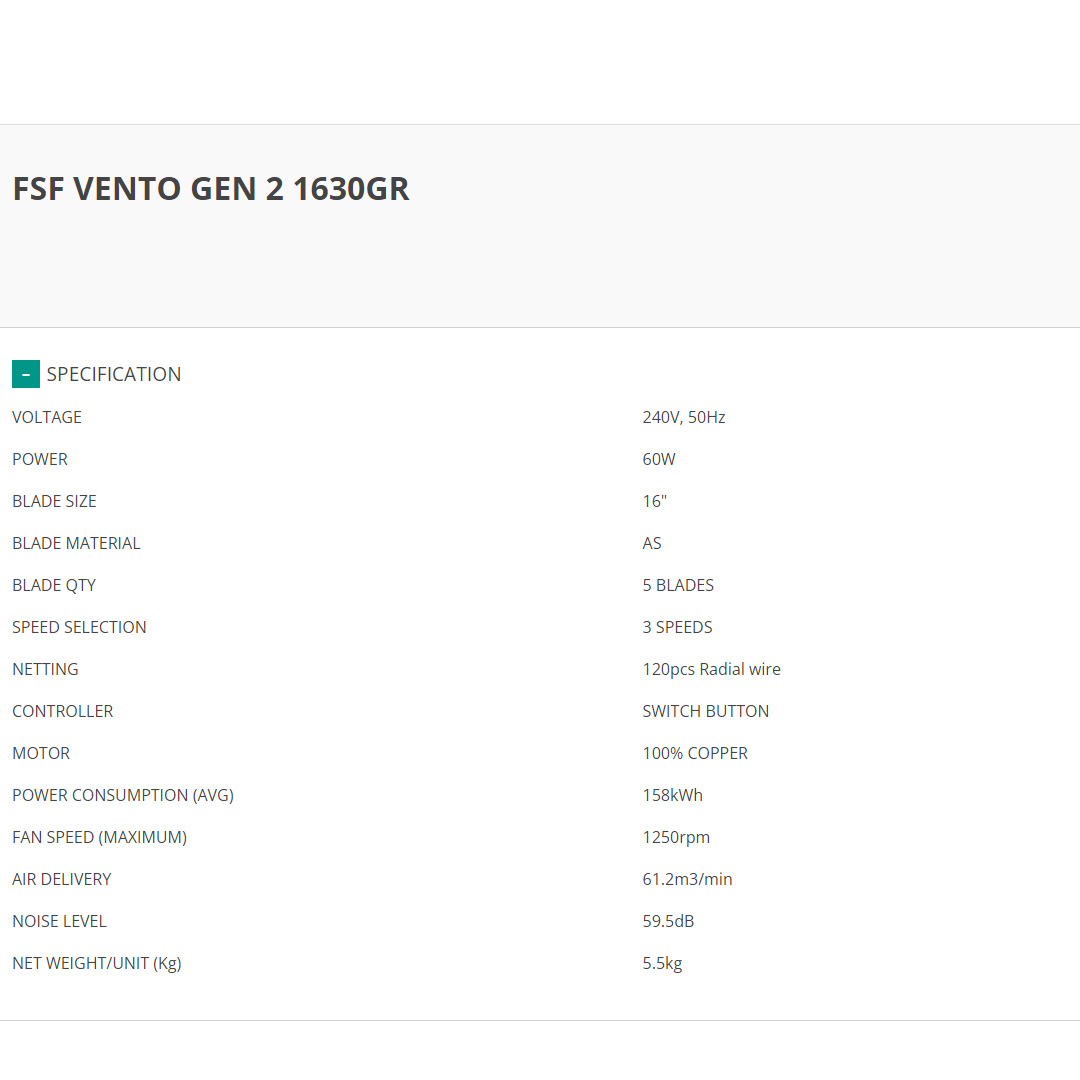 FABER 16" Stand Fan FSF VENTO GEN 2 1630GR | 5 Star Rating | 3 Speed Selection | Thermal Safety Fuse | 100% Copper Motor | 60 Minutes Timer | 5 Blades | Stand Fan with 1 Year Warranty