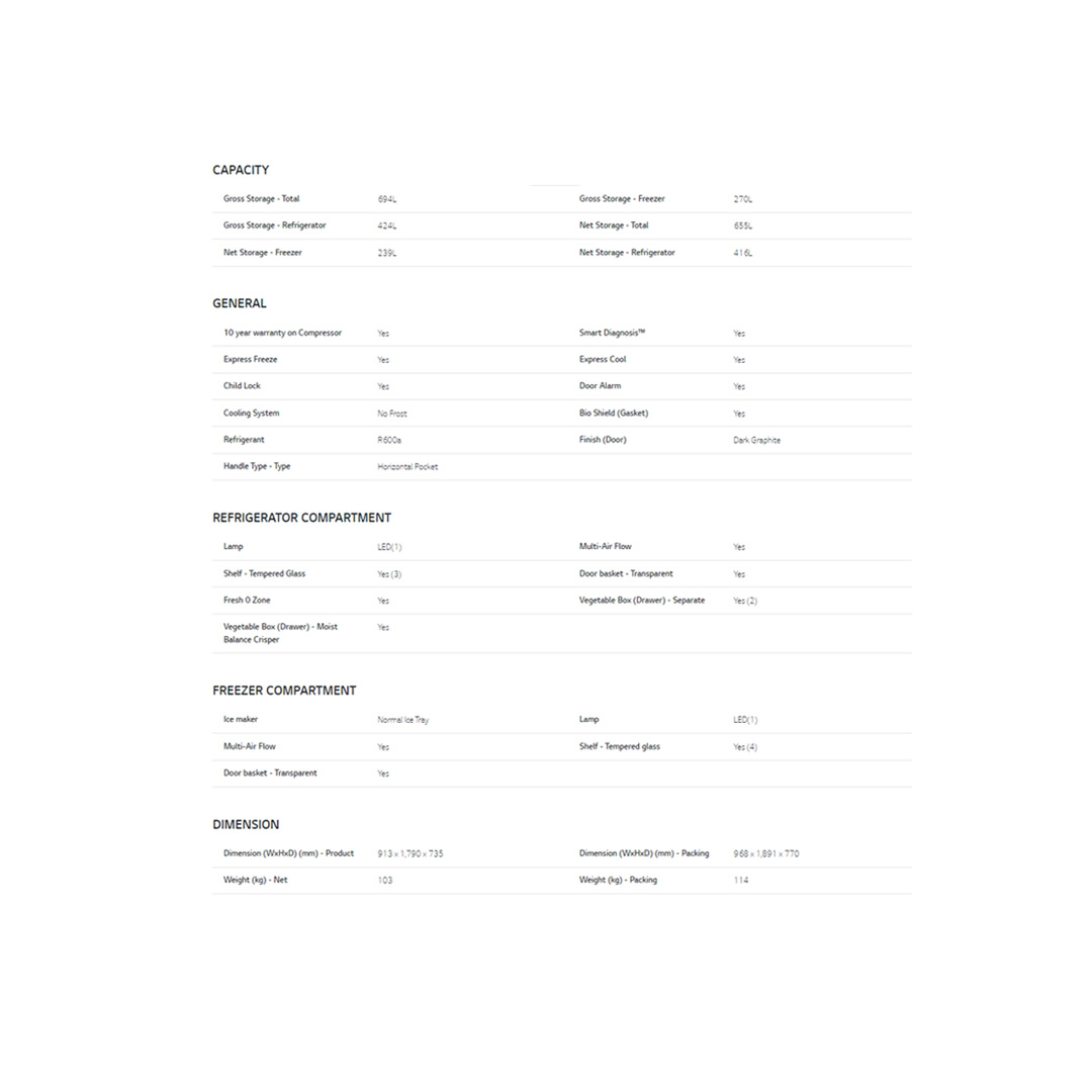 LG 694L Side by Side Smart Inverter Refrigerator GC-B257JQYL | Multi Air Flow | Smart Diagnosis™ | Express Freeze | Refrigerator with 1 Year Warranty