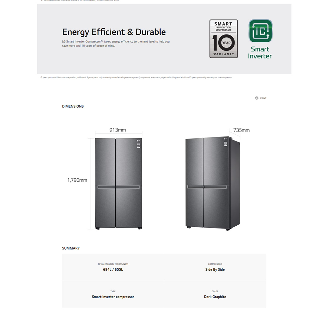 LG 694L Side by Side Smart Inverter Refrigerator GC-B257JQYL | Multi Air Flow | Smart Diagnosis™ | Express Freeze | Refrigerator with 1 Year Warranty
