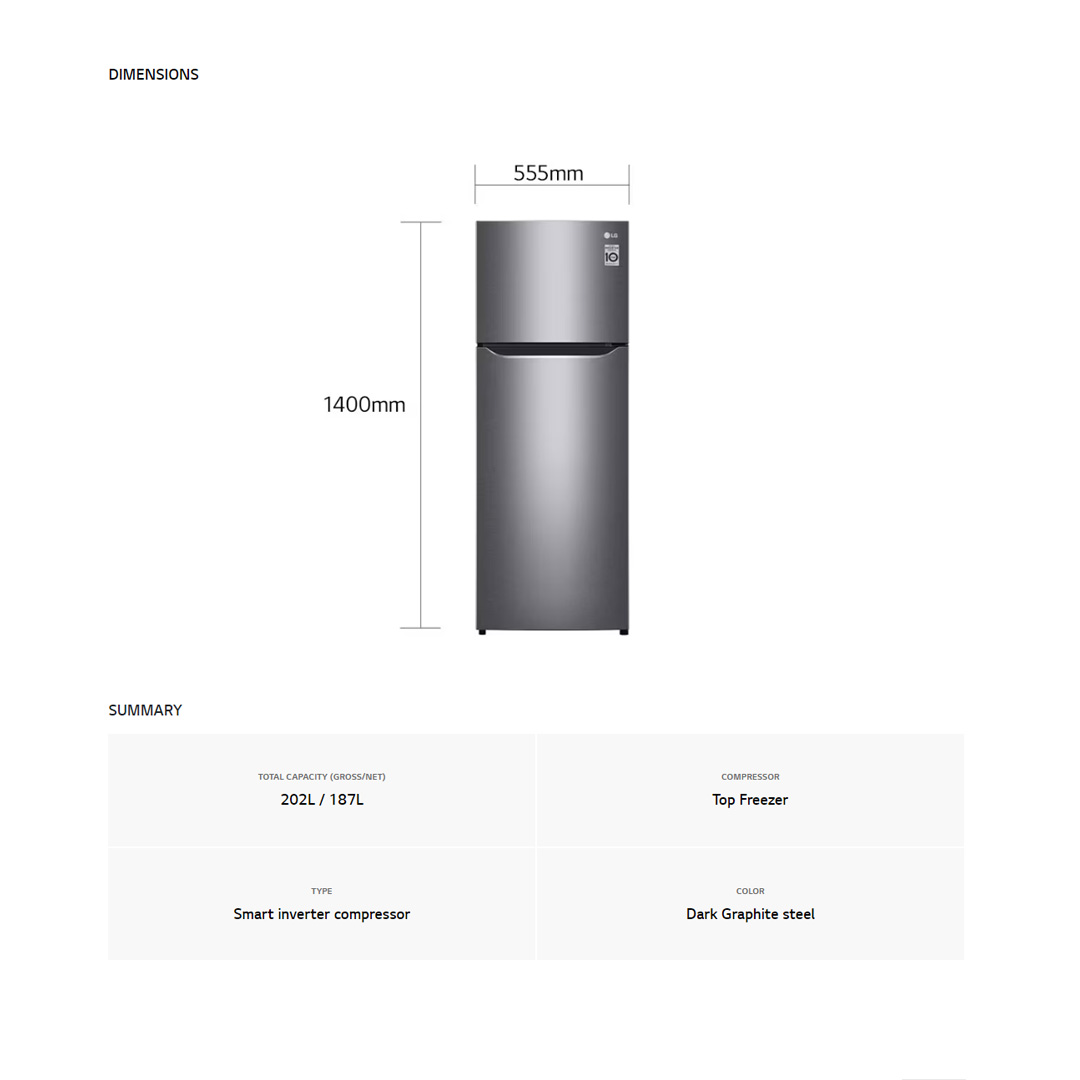 LG 202L 2 Doors Top Mount Smart Inverter Refrigerator GN-B202SQBB  | Humidity Controller | Moist Balance Crisper | Big Vegetable Box | Refrigerator with 1 Year Warranty