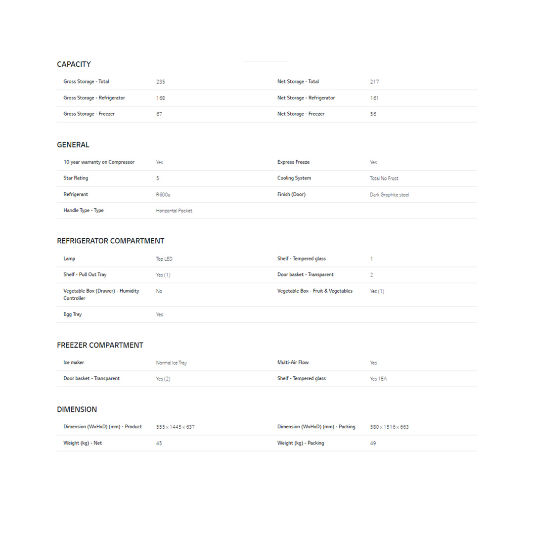 LG 235L 2 Doors Top Mount Smart Inverter Refrigerator GV-B212PQMB | Humidity Controller | Moist Balance Crisper | Multi Air Flow | Refrigerator with 1 Year Warranty