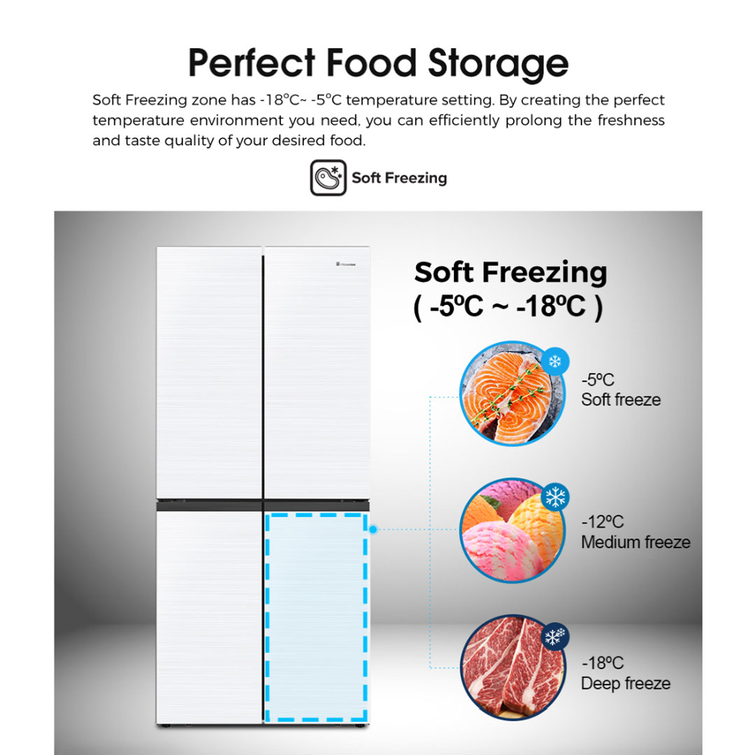 HISENSE 520L Four Doors Inverter Refrigerator RQ568N4AWU | Double Cooling | Metal-Tech Cooling | Metal Glide Drawer | Led Lighting | Refrigerator with 3 Years Warranty