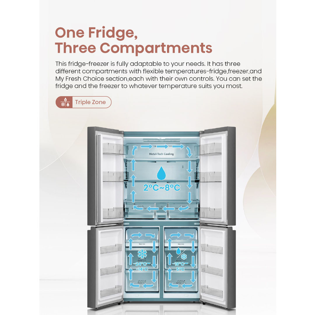 HISENSE 720L Four Doors Inverter Refrigerator RQ768N4AW-KU | Triple Zone | Metal-Tech Cooling | Metal Glide Drawer | Led Lighting | Refrigerator with 3 Years Warranty