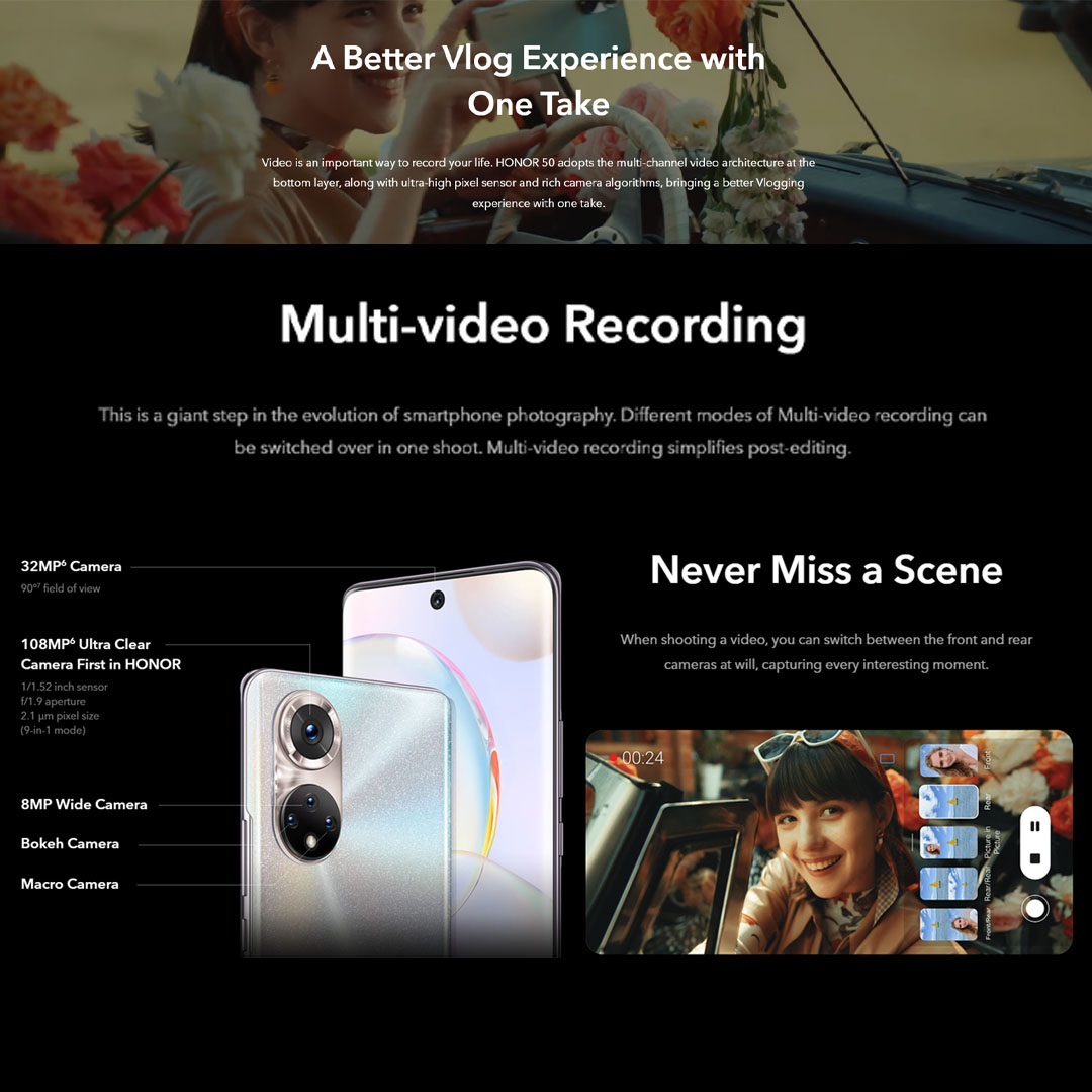HONOR 50 5G 8256GB ROM 8GB RAM 108MP Vlog Camera 120Hz Curved